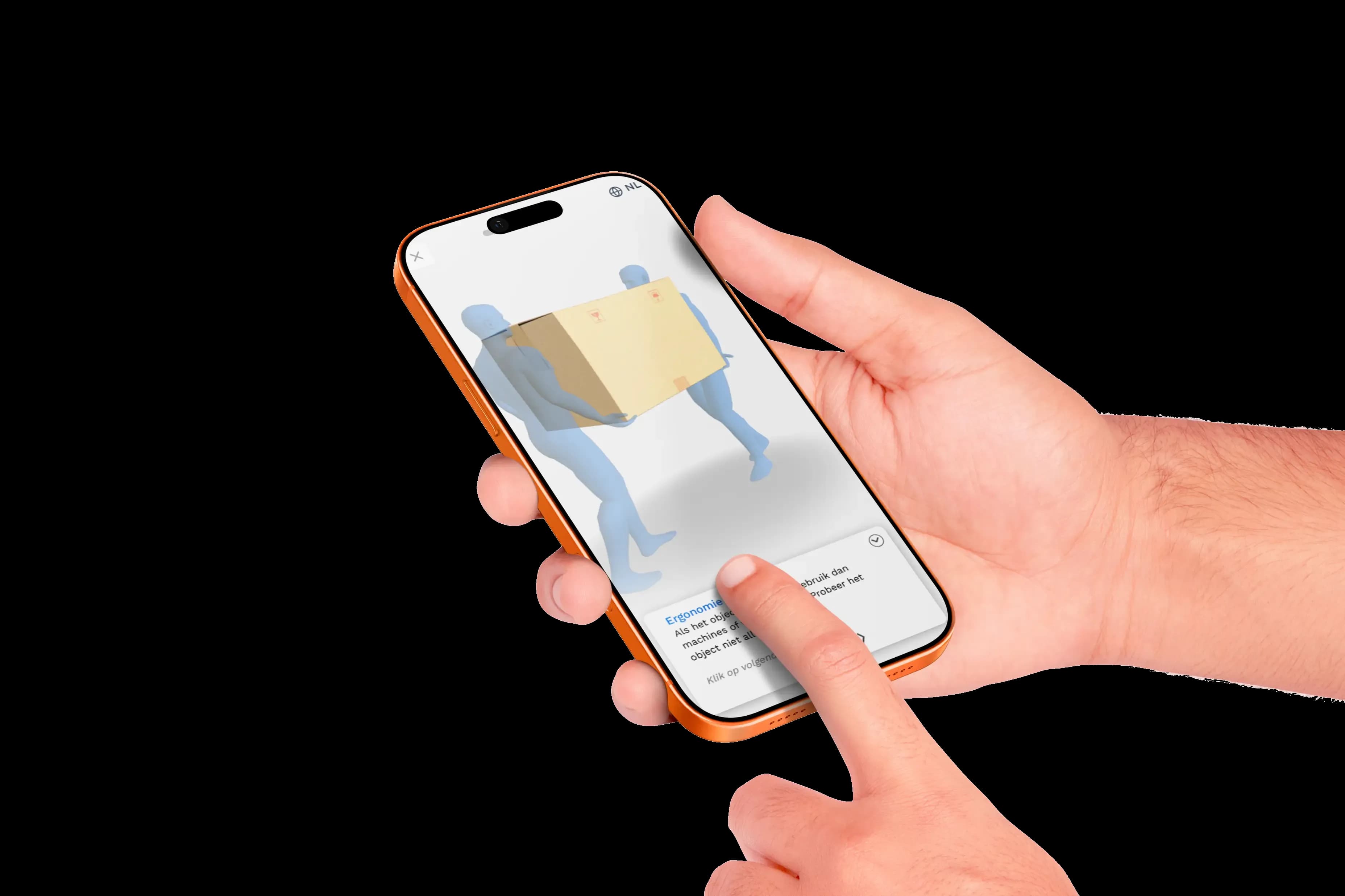Hand die een telefoon vasthoudt waarop een Skillcircle 3D-learning te zien is.