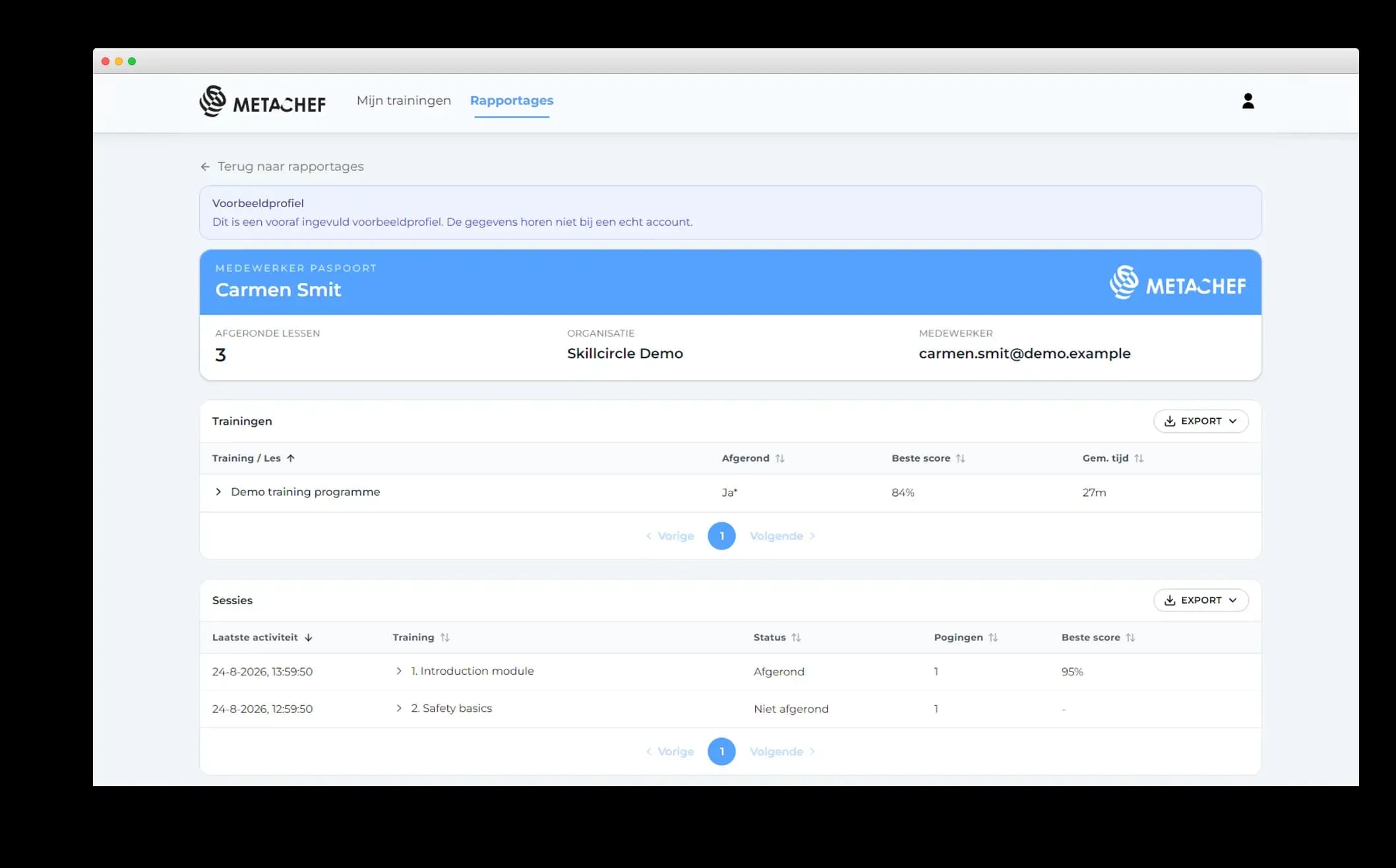 Skillcircle report for a sample employee showing completed lessons, scores, time spent and sessions