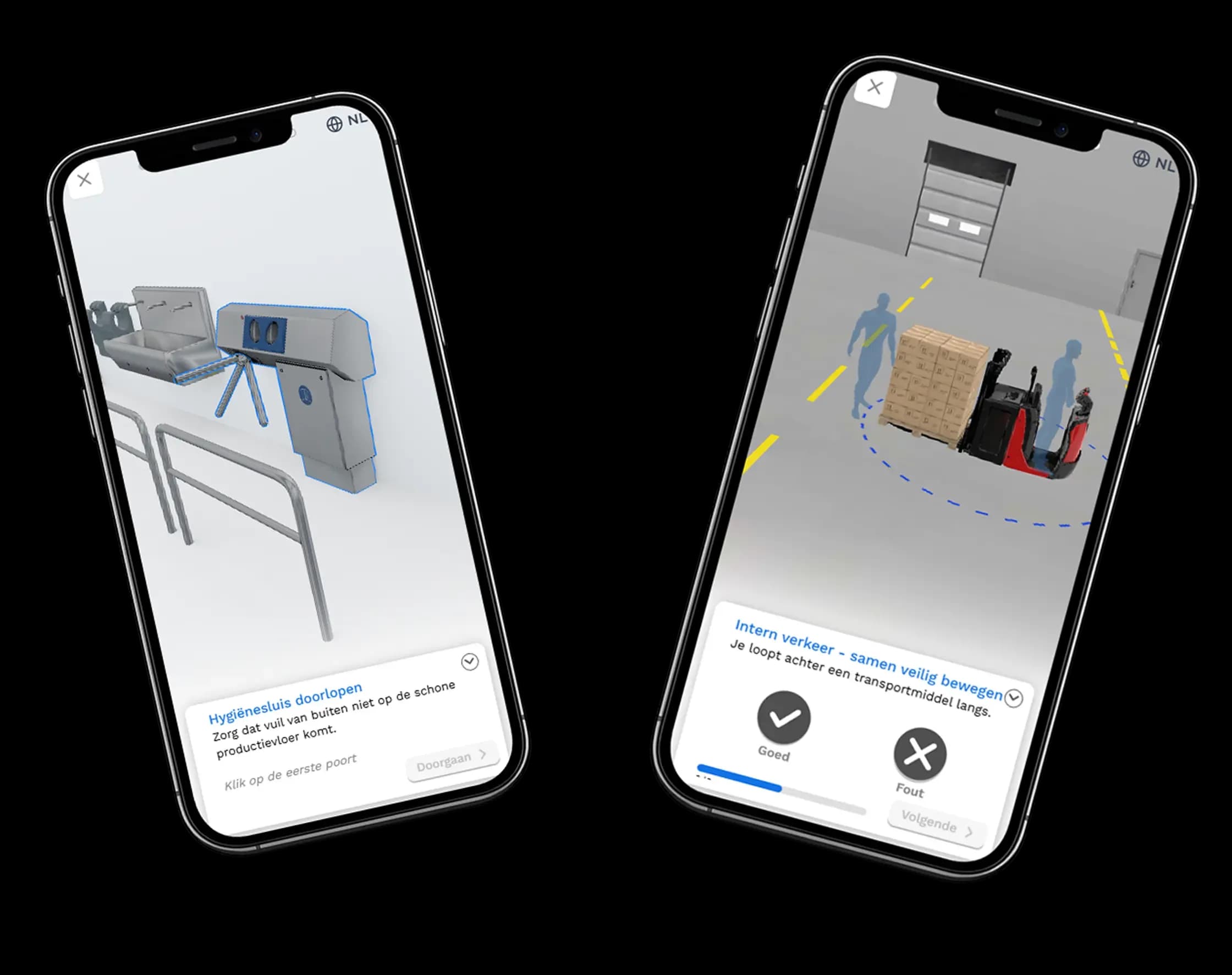 Twee telefoons met 3D-microlearnings uit de Skillcircle: hygiënesluis doorlopen en intern verkeer op de productievloer.